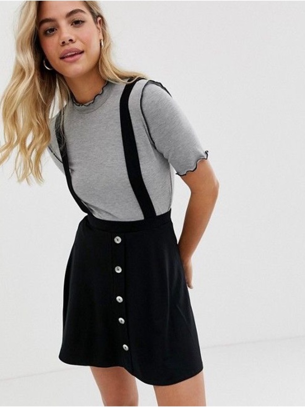 ASOS DESIGN button front mini pinafore skirt in black